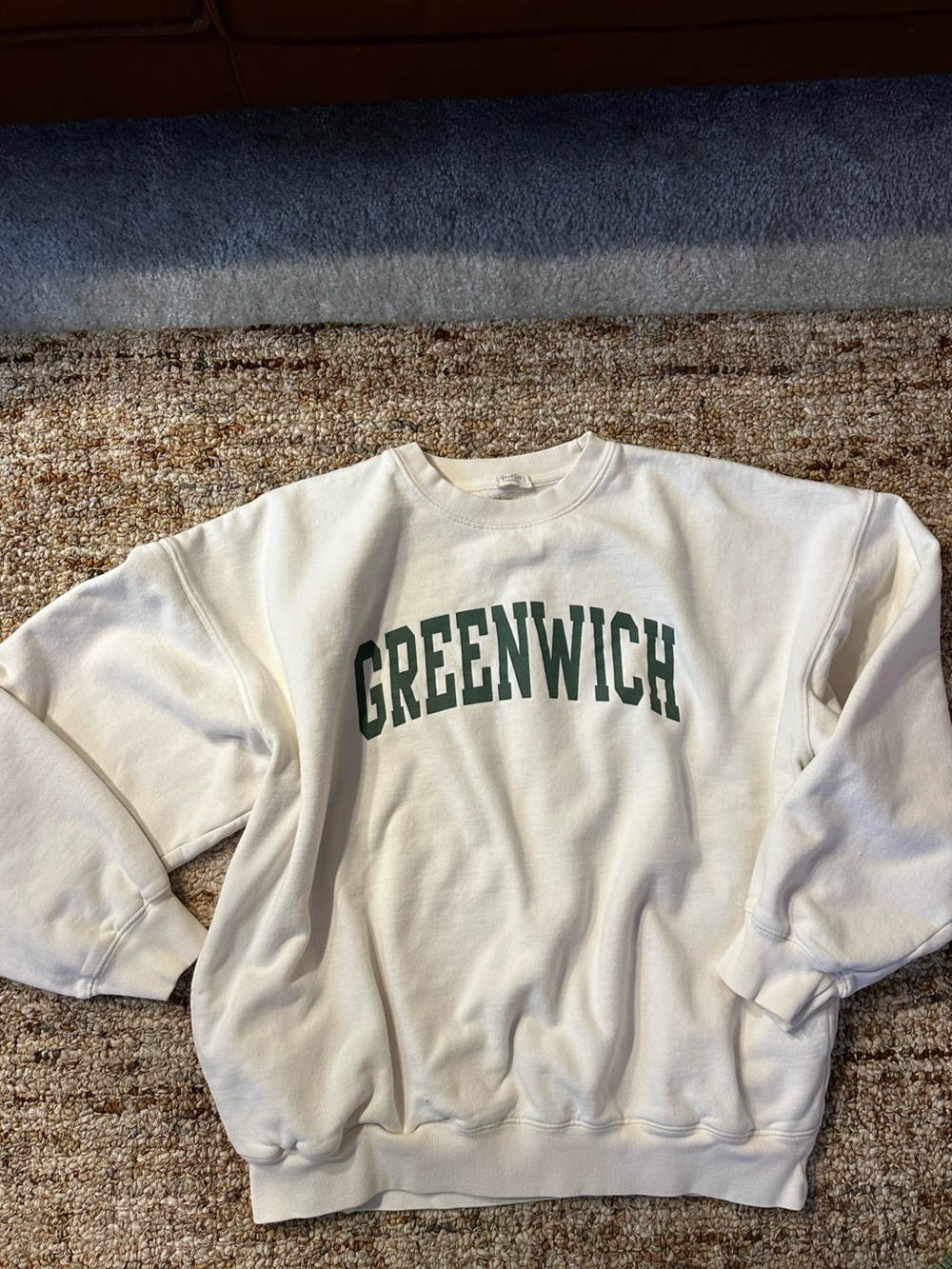 PacSun John Galt Cream Crewneck Sweatshirt with Green 'GREENWICH' Print